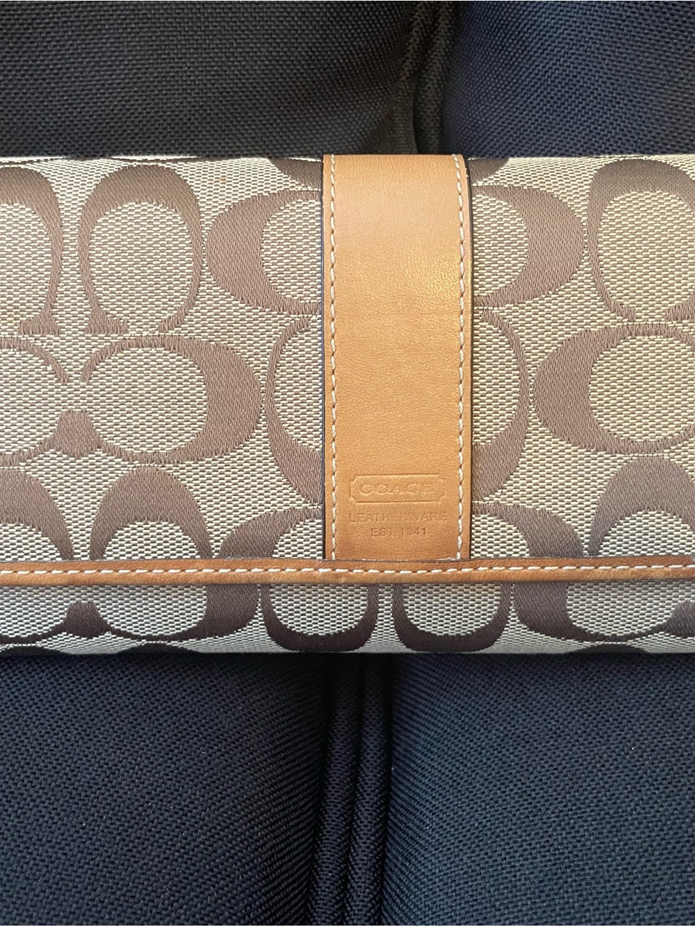 Coach Brown Signature Canvas Continental Wallet with Tan Leather Trim